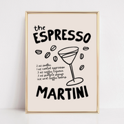 Bar cart decor featuring espresso martini poster