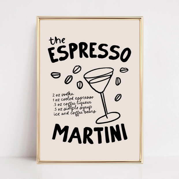 Bar cart decor featuring espresso martini poster