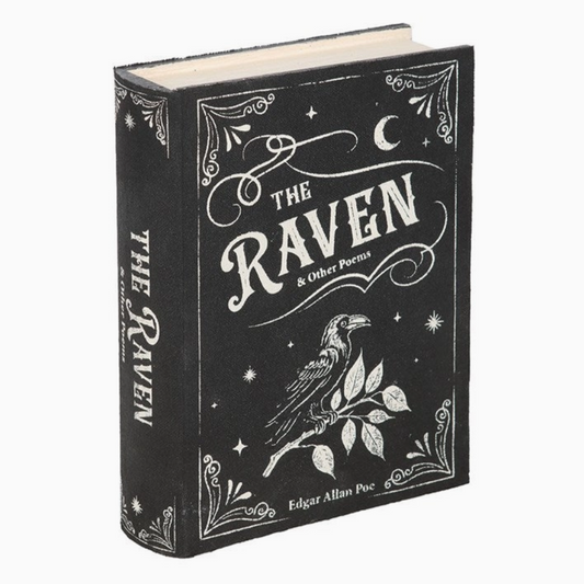 Stylish black storage box with literary raven design