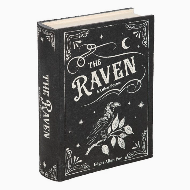 Stylish black storage box with literary raven design