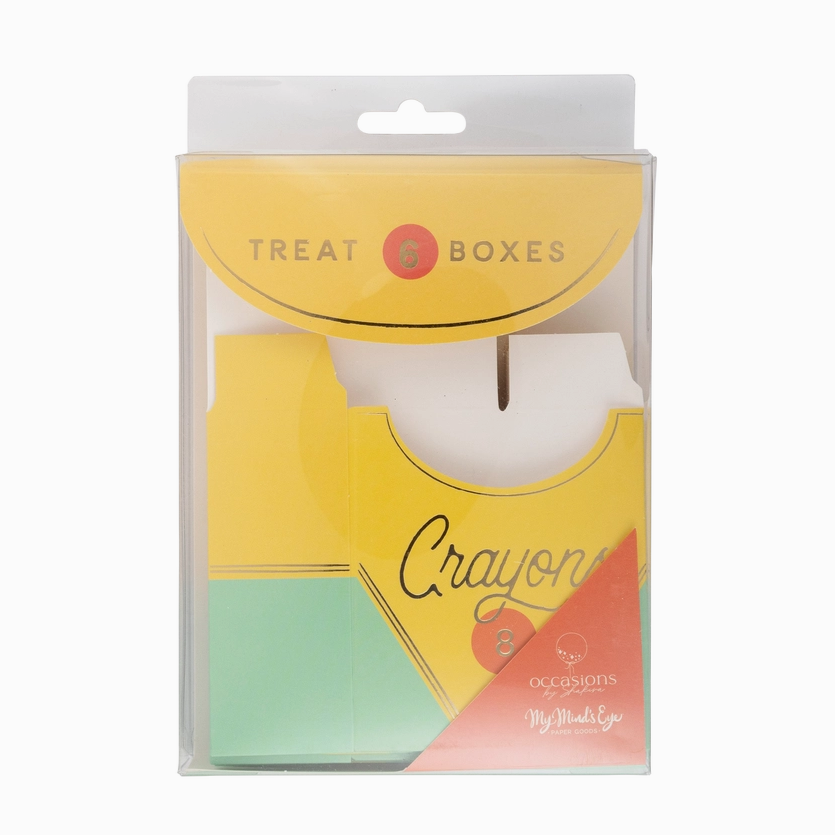 Packaged crayons with a yellow and green design, featuring 'Treat & Boxes' branding.