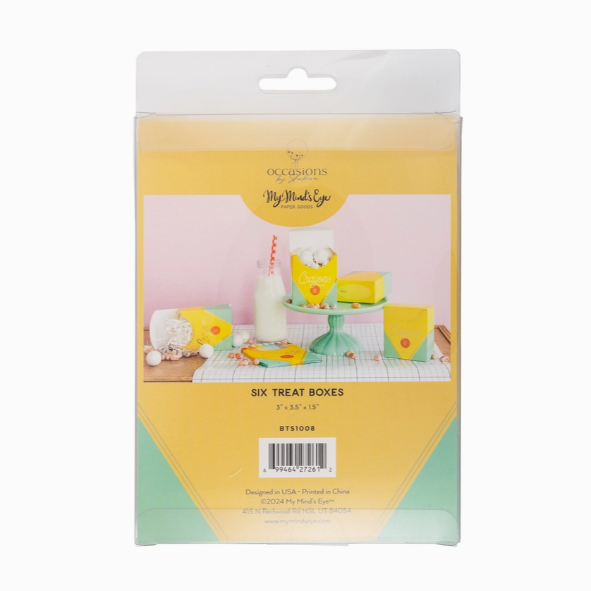 Packaging of six treat boxes with a pastel color scheme on a white background