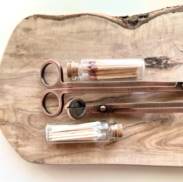 Stylish wick trimmer and match set for candle maintenance